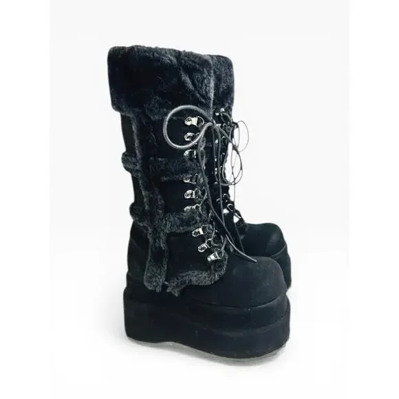 Demonia Bear-202 Black Faux Fur Vegan Suede Platform Boots Cyber Goth Size 6 NIB - Picture 2 of 13